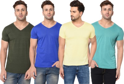 Adorbs Solid Men V Neck Green, Blue, Yellow T-Shirt