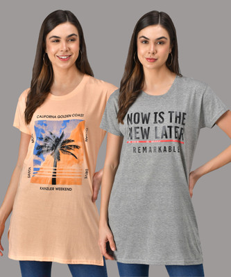 Christy World Typography Women Round Neck Grey, Beige T-Shirt