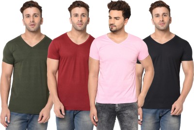 Bribzy Solid Men V Neck Multicolor T-Shirt