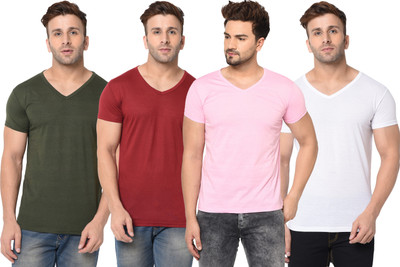 Tivy Solid Men V Neck Multicolor T-Shirt