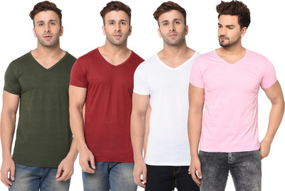 Tivy Solid Men V Neck Multicolor T-Shirt