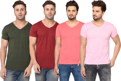 Bribzy Solid Men V Neck Green, Maroon, Pink T-Shirt