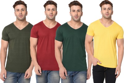 Jaskart Solid Men V Neck Dark Green, Maroon, Yellow T-Shirt