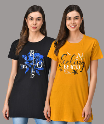 Christy World Typography Women Round Neck Dark Blue, Yellow T-Shirt