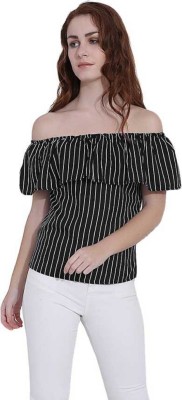 City Fashion Casual Short Sleeve Striped Women Black Top