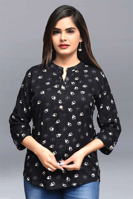 FANCIFY Casual 3/4 Sleeve Printed Women White, Black Top