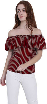 City Fashion Casual Short Sleeve Striped Women Maroon Top