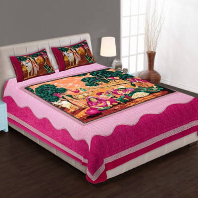 IkBedsheets Cotton Queen Flat 165 TC Printed Bedsheet(Pack of 1, Pink)
