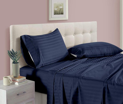 Dnk 182 TC Satin Double Striped Flat Bedsheet(Pack of 1, Blue)
