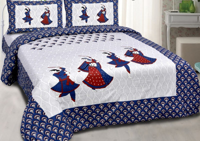 Deepika Imports 250 TC Cotton Double Jaipuri Prints Flat Bedsheet(Pack of 2, White, Dark Blue)