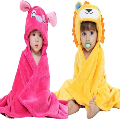 BRANDONN Cartoon Crib Hooded Baby Blanket for  AC Room(Microfiber, Yellow, Dark Pink)