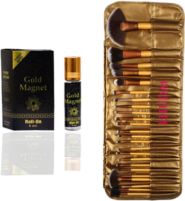kHUDAt Professional Makeup Cosmetic Brush Set Kit Tool With Roll Up POUCH(Pack of 24)(Gold) & Magnet Roll-on (8ml)(25 Items in the set)