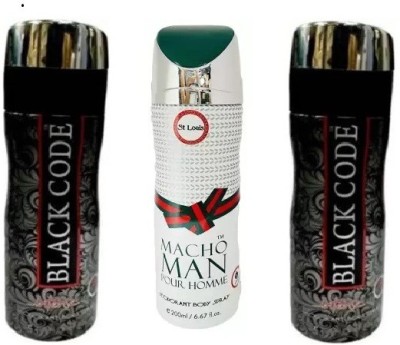 St. Louis 2 BLACK CODE, 1 MACHO MAN Body Spray  -  For Men & Women(600 ml, Pack of 3)