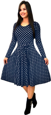 SATNAM GLOBAL Women A-line Dark Blue, White Below Knee Dress