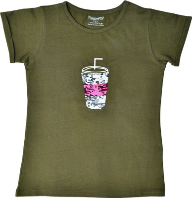 FunKrafts Girls Printed Pure Cotton Regular T Shirt(Green, Pack of 1)