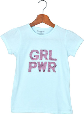 FunKrafts Girls Printed Pure Cotton Regular T Shirt(Blue, Pack of 1)