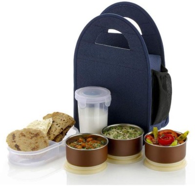 Analog Kitchenware 3 SS Air Tight Container, 1 Casserole, 1 Butter Milk Bottle With Bag 5 Containers Lunch Box(600 ml)