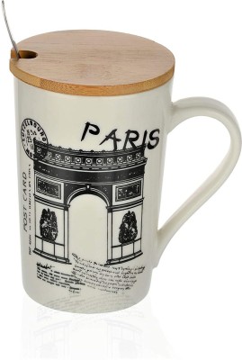 Satyam Kraft Ceramic City Printed with Lid and Spoon For Coffee And Tea - 1 Piece, Random design Cup, 400 ml Ceramic Coffee Mug(400 ml)