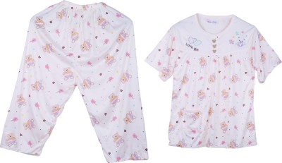 Ameeha Women Printed White Top & Pyjama Set