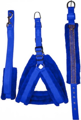 ALCAZAR ALC140 Fur Harness Leash Collar Set (Blue, 1 Inch) Dog Harness & Leash Dog Harness & Leash(Medium, Blue)