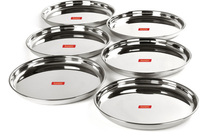 Sumeet Stainless Steel Heavy Gauge Deep Wall Dinner Plates with Mirror Finish 33.7cm Dia - Set of 6pc Dinner Plate(Pack of 6)