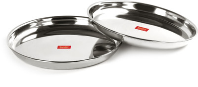 Sumeet Stainless Steel Heavy Gauge Deep Wall Snack Plates with Mirror Finish 24.3cm Dia - Set of 2pc Dinner Plate(Pack of 2)