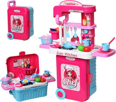 Wishkey 3 in 1 Kitchen Cooking Pretend Play Learning Tool Set Toy with Cute Multi-Purpose Portable Suitcase & Accessories