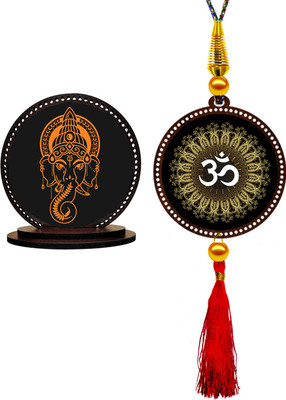 GiftzLane Ganesha Car Dashboard Idol & Om Car Hanging Showpiece Combo Showpiece / Figurine Decorative Showpiece  -  9 cm(Wood, Multicolor)