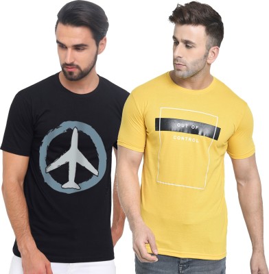 REFRO Printed Men Round Neck Black, Yellow T-Shirt