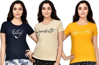 Club A9 Embroidered Women Round Neck Blue, Beige, Yellow T-Shirt