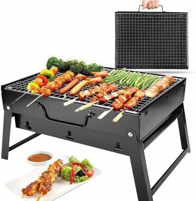 NITYA Folding Portable Outdoor Barbeque Charcoal BBQ Grill Oven with 12PC Stainless Steel Stick, Wooden Stick (BBQ, Wooden & Big 12-Stick) Charcoal Grill