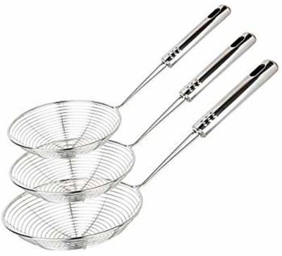 damurhu Stainless Steel Puri Strainer Multi Purpose Jhara Deep Fry Jara Mesh Strainer Set of 3 Piece (Size -14, 16 & 18cm) Strainer(Silver Pack of 3)