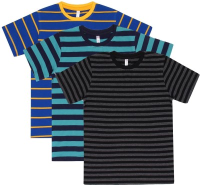 Motus Boys Striped Cotton Blend Regular T Shirt(Blue, Pack of 3)