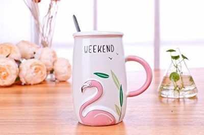 Satyam Kraft Ceramic Embossed Flamingo with Lid and Spoon for Coffee and Tea - 1 Piece, White Cup, 550 ml Ceramic Coffee Mug(550 ml)