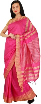 SILK CITY Striped Bhagalpuri Cotton Silk Saree(Gold, Pink)