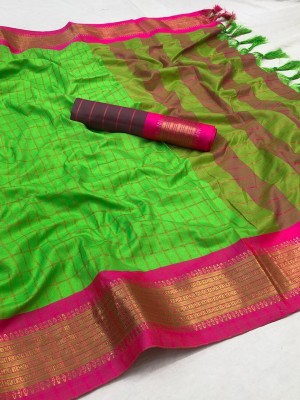 GLOWMOROUS Checkered Bollywood Pure Cotton Saree(Light Green)