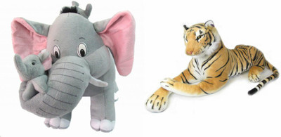 KPN Decent pack of 2 Cute Colorful Stuffed Mother Elephant and Tiger Soft toy Kids Baby Plush Gift - 30 cm (Blue)  - 30 cm(Multicolor)
