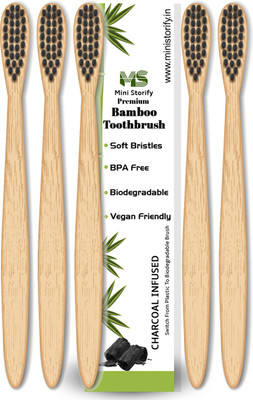 Mini Storify set of 5 kids Bamboo Toothbrush with Charcoal Activated Soft BPA Free Soft Bristles with Biodegradable Handle Toothbrushes, Natural, Eco-Friendly, Organic and Compostable Tooth Brushes Extra Soft Toothbrush(Pack of 5)
