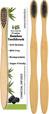Mini Storify 1 adult & 2 kids Bamboo Toothbrush with Charcoal Activated Soft BPA Free Soft Bristles with Biodegradable Handle Toothbrushes, Natural, Eco-Friendly, Organic and Compostable Tooth Brushes Extra Soft Toothbrush(Pack of 3)