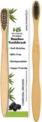 Mini Storify 1 adult & 1 kids Bamboo Toothbrush with Charcoal Activated Soft BPA Free Soft Bristles with Biodegradable Handle Toothbrushes, Natural, Eco-Friendly, Organic and Compostable Tooth Brushes Extra Soft Toothbrush(Pack of 2)