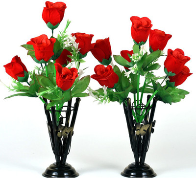 OM COLLECTIONS Rose kali Artificial flower Red Rose Artificial Flower  with Pot(15 inch, Pack of 2, Flower with Basket)