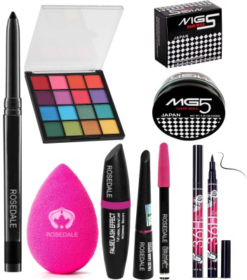 ROSEDALE Smudge Proof Long Lasting Waterproof Kajal & Hilary Rhoda HR-K01-2 Blushed Eyeshadow Palette & Powdered Blender Sponge Puff & Yanqina 36H Deep Black Eyeliner & 3in1 Eyeliner Mascara Eyebrow Pencil & Studio Professional Hair Styling MG5 Wax(8 Items in the set)