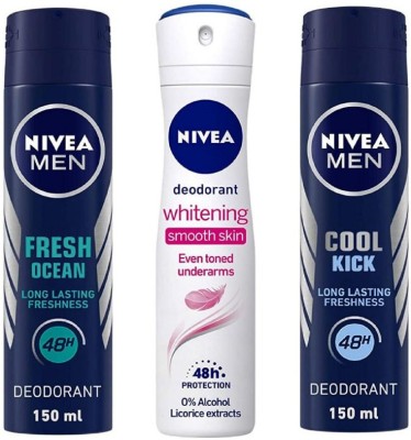 NIVEA Fresh Ocean Deo 150 ml , Whitening Smooth Skin Deo 150 ml , Cool Kick Deo 150 ml (Pack of 3) Deodorant Spray  -  For Men & Women(450 ml, Pack of 3)