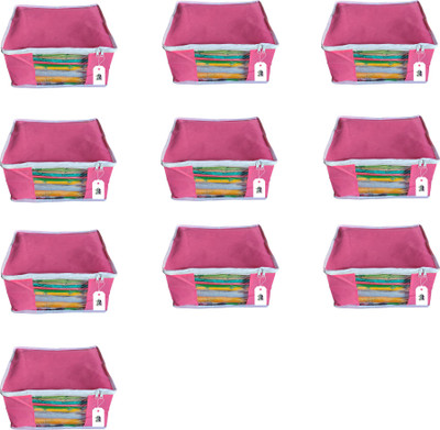 Adwitiya White Border Large Nonwoven Storage Organizer for Clothes Set of 10(Pink)