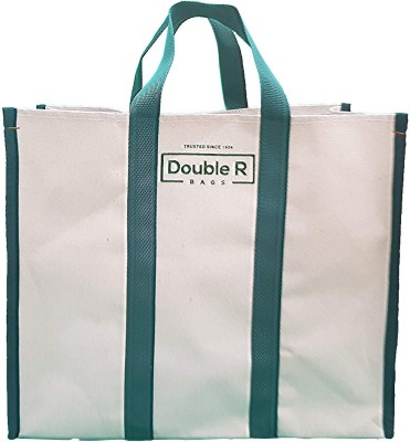 Double R Canvas Shopping Bags for Market Milk, Grocery, Vegetable with Reinforced Handles - jhola - Kitchen Essential (17x8.5x14-inches) Grocery Bag(Green, White)