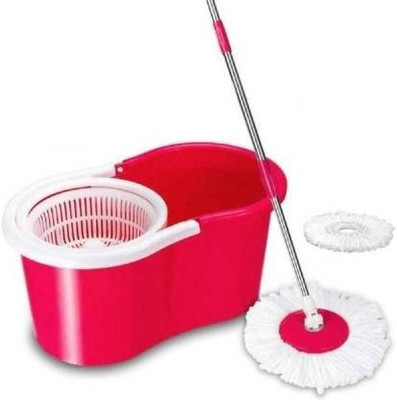 JSN 360Â° Spin Floor Cleaning Easy Magic Plastic Bucket Mop with 2 Microfiber Heads Mop Set(Red)