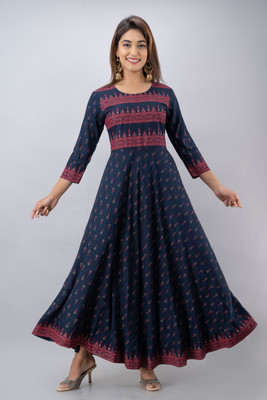 Women Click Women Printed Flared Kurta(Blue, Pink)