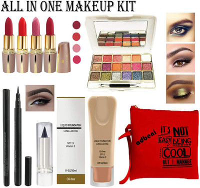 adbeni Stylish Beauty combo makeup set (4 Pcs Lipsticks,1 Eye Shadow, 1 Foundation,1 Eyeliner, 1 Kajal, 1 Pouch) Set of 6 Pcs.(Pack of 9)