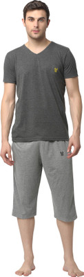 MACK JONNEY Men Solid Grey, Silver Top & Capri Set