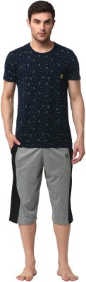 VIMAL JONNEY Men Printed Silver, Dark Blue Top & Capri Set